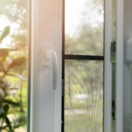 Detailaufnahme eines geöffneten Fensters mit Fliegengitter mit Blick in den Garten