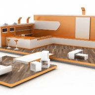 3D Simulation eines Messestandes mit Tresen und Sitzecke